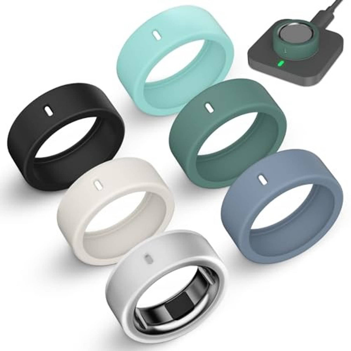 Ultra-thin silicone ring cover case set in black, mint, green, white, and blue