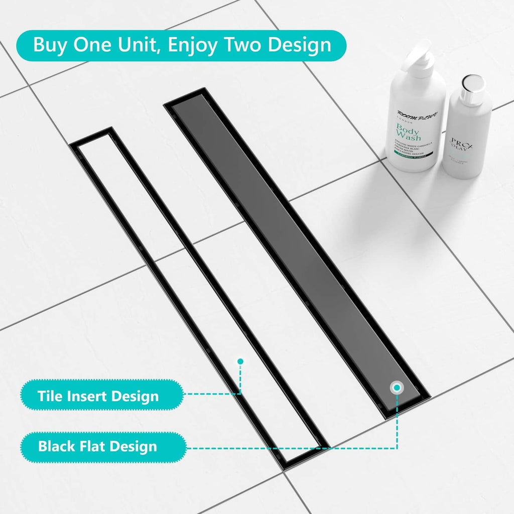Matte black linear shower drain grate with tile-in channel openings