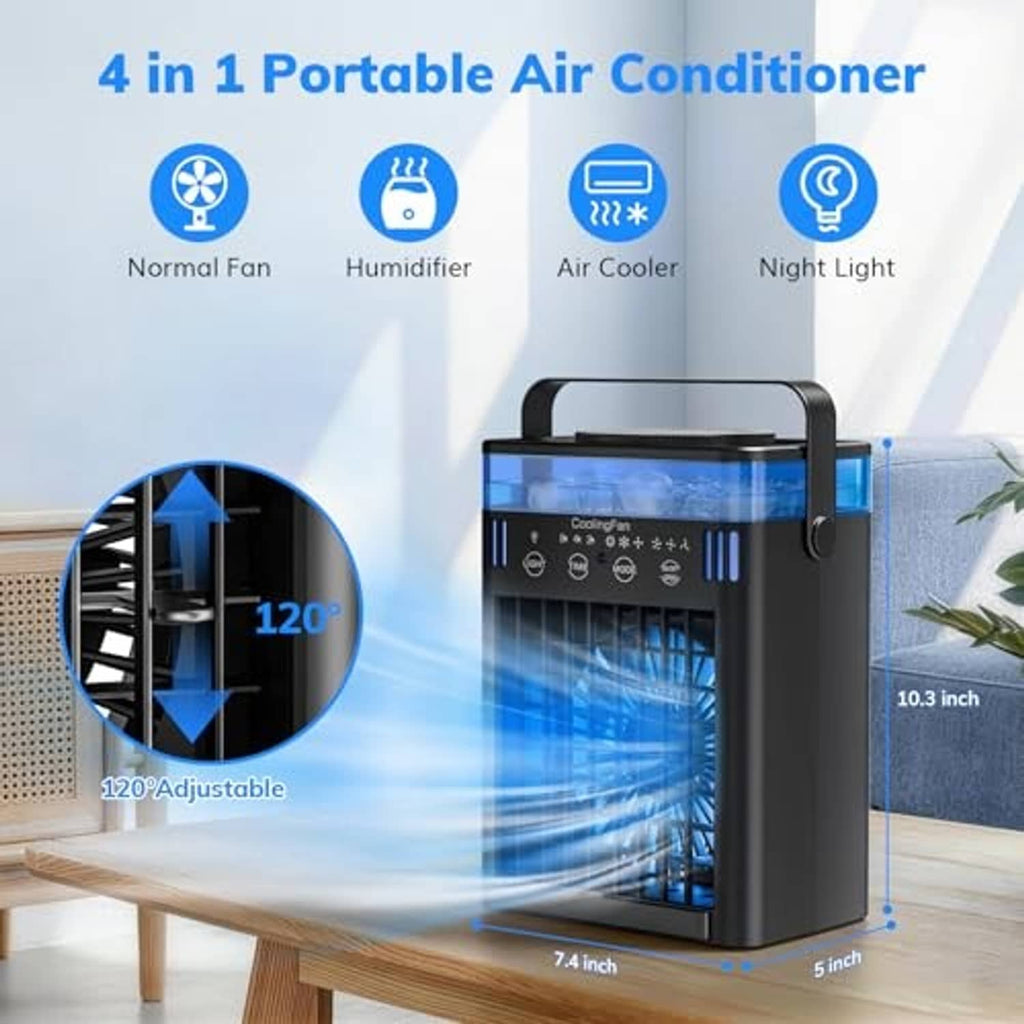 Black portable air conditioner with visible ice-water cooling chamber in front window