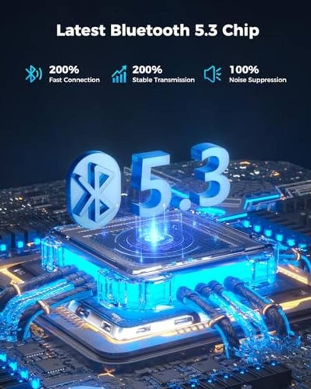 Blue circuit board graphic with glowing Bluetooth 5.3 for the car charger