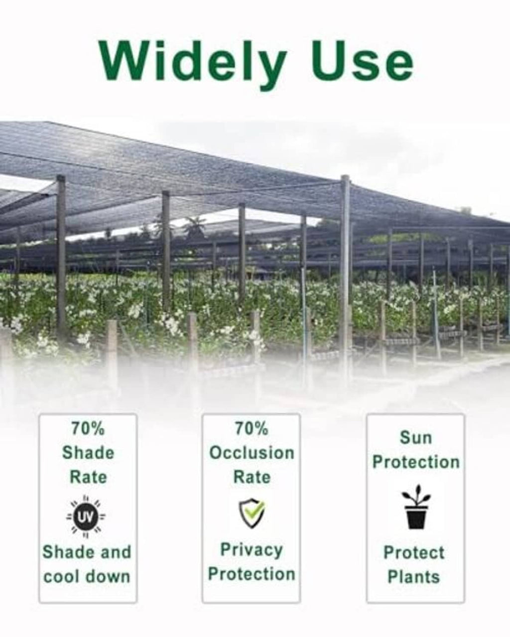 Black shade cloth canopy over garden plants, for sun protection and shade
