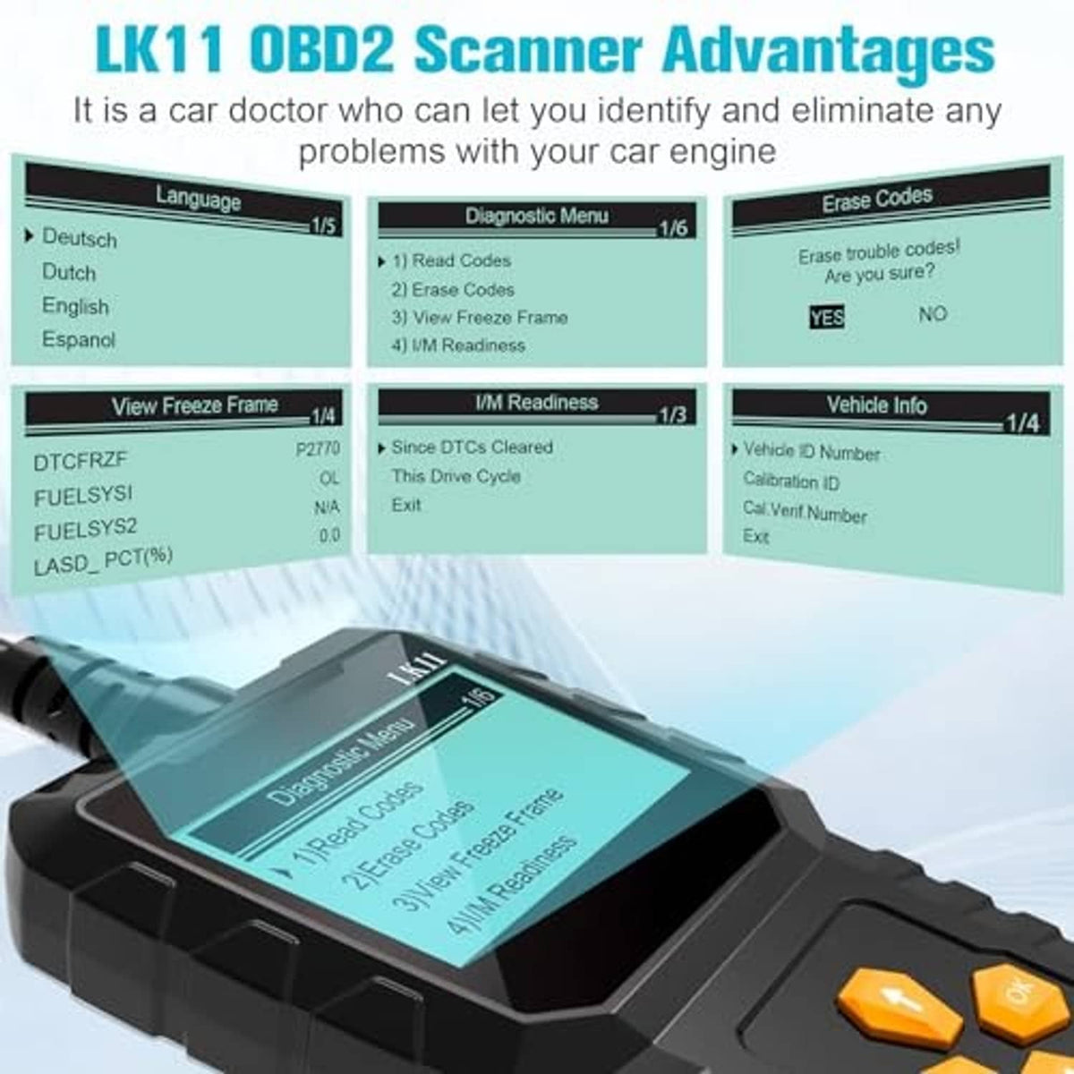 OBD2 scanner angled with Diagnostic Menu on screen and orange control buttons