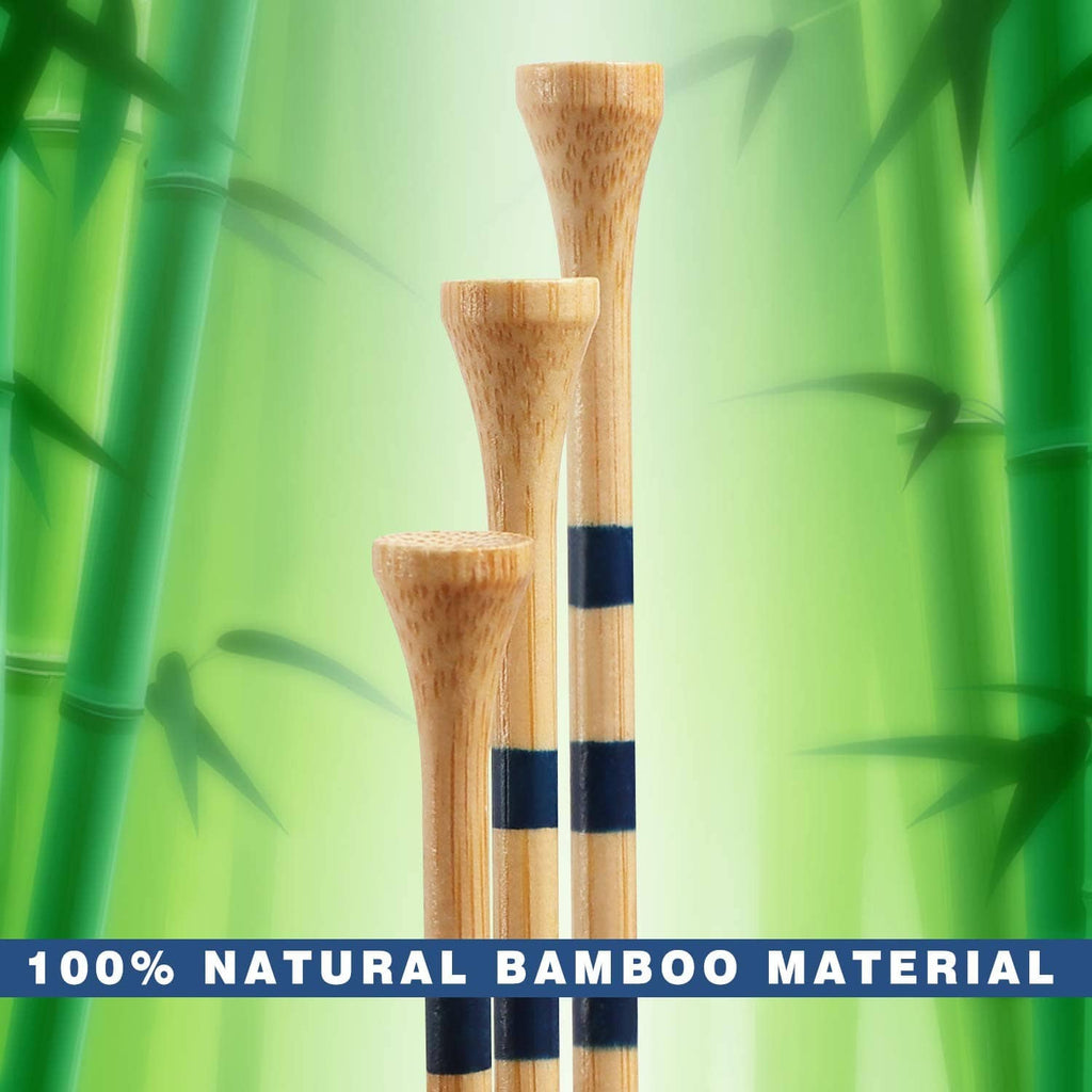 Three natural bamboo golf tees stacked, each with blue stripe band