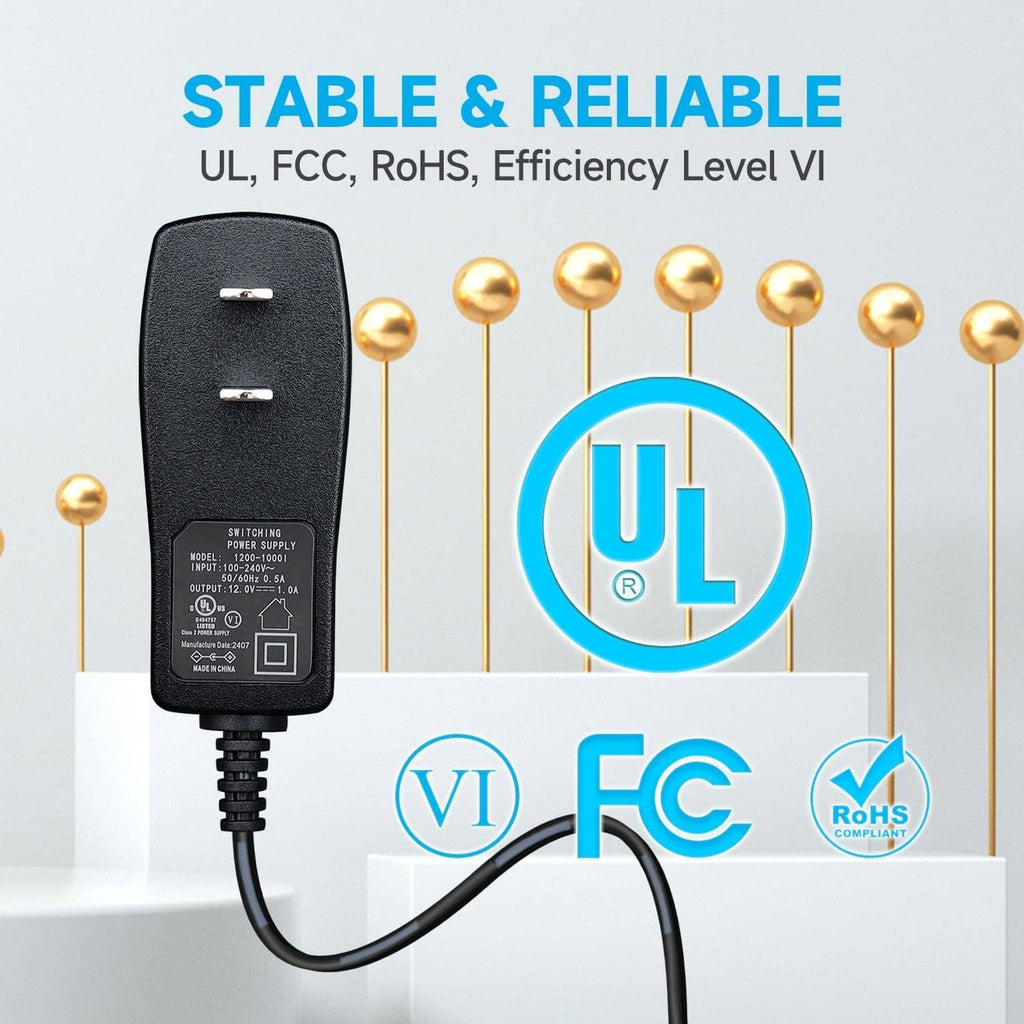 Black 12V power supply adapter with DC barrel plug and rating label