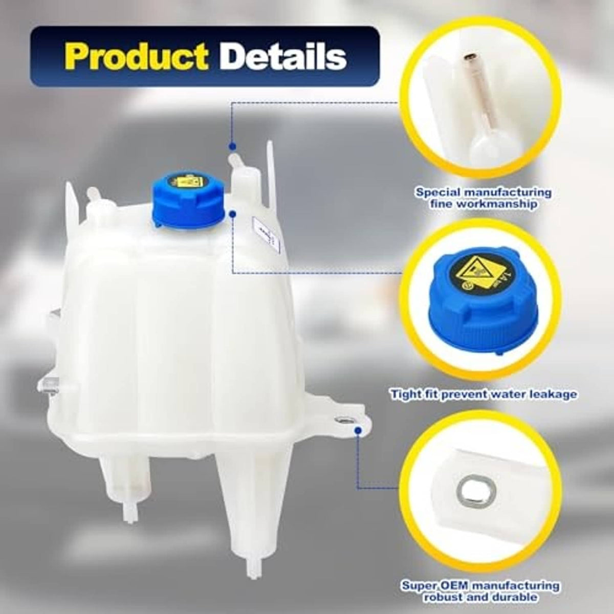 Engine coolant reservoir, white tank with blue cap and detailed side port