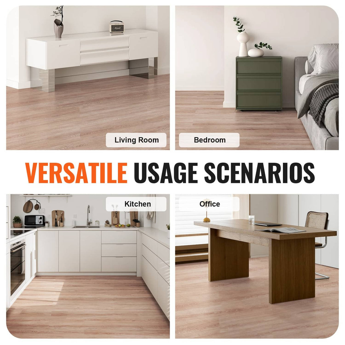 Light wood-grain vinyl floor tiles shown across living room, bedroom, kitchen, and office