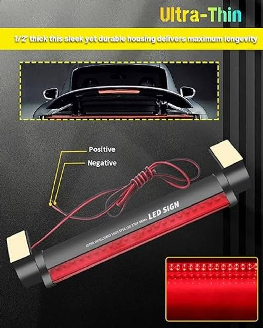 Ultra-thin LED third brake light bar with red LED strip and red wire leads