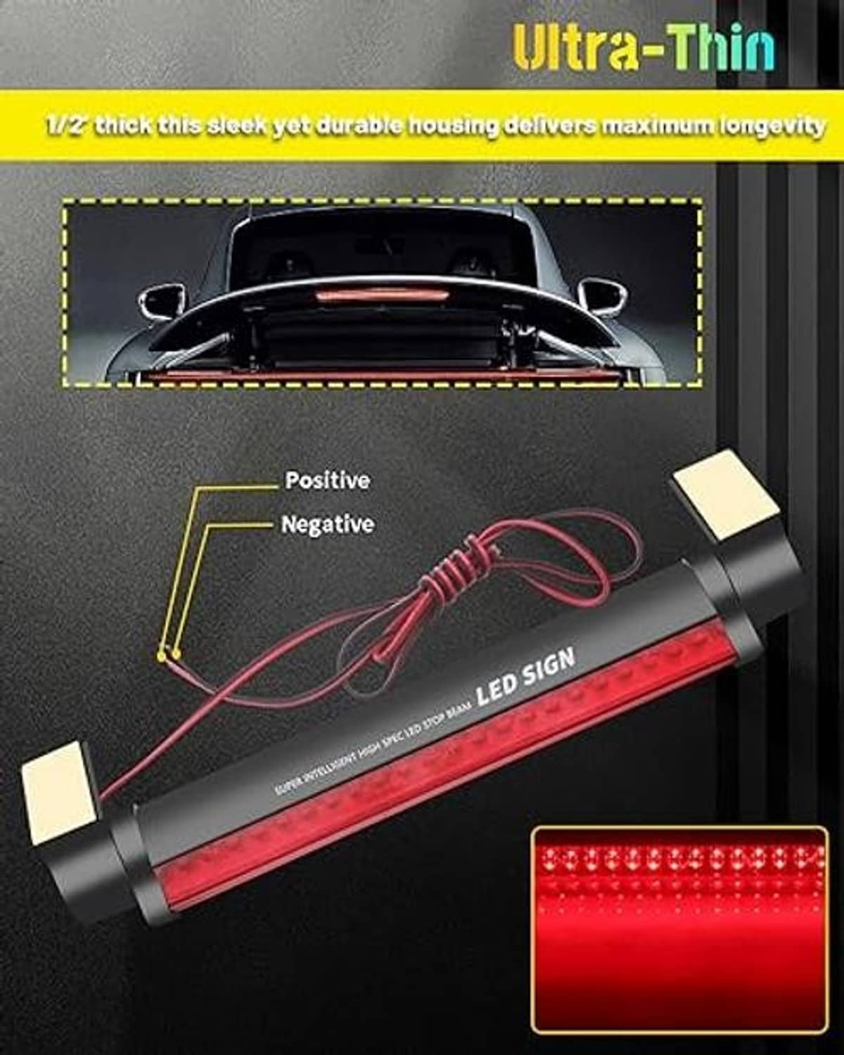 Ultra-thin LED third brake light bar with red LED strip and red wire leads