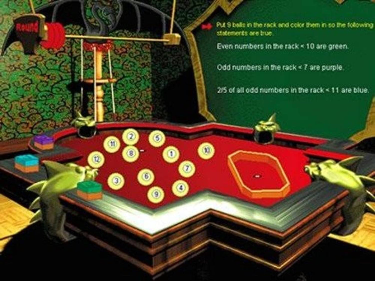 Math board game scene with numbered tokens, cards, and green characters