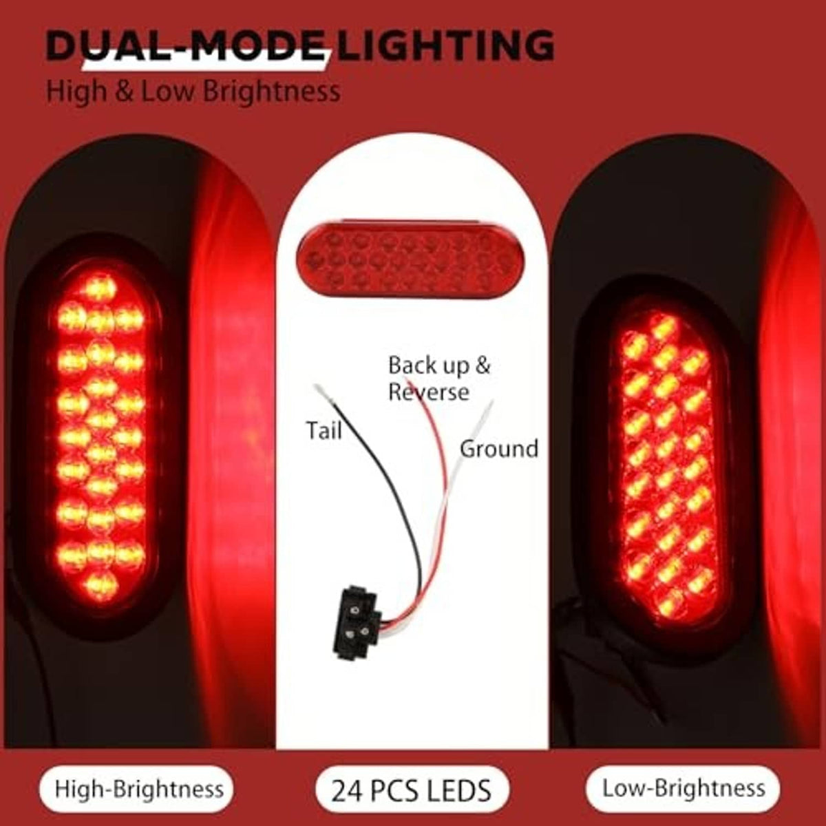 Dual-mode oval red LED tail lights showing high and low brightness
