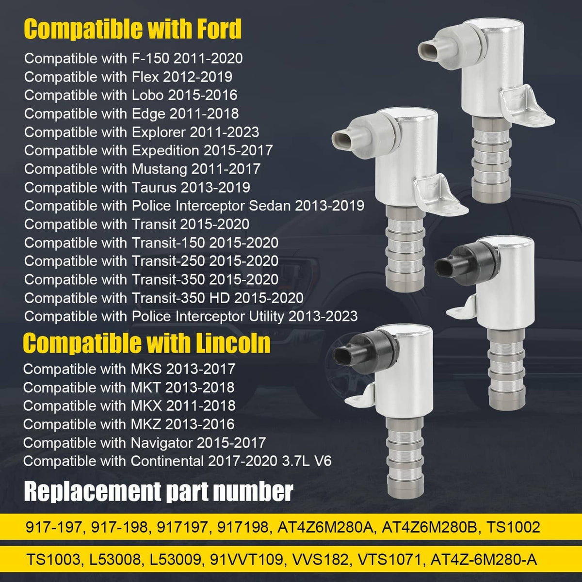 Variable valve timing solenoids set with silver housings and black and gray connector ends