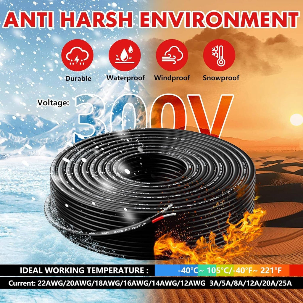 Two-conductor electrical wire reel, black jacket with red conductor tips.