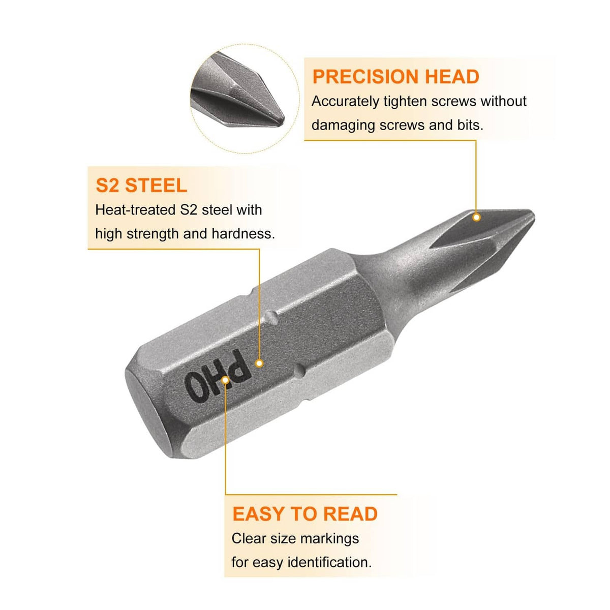 S2 steel PH0 Phillips screwdriver bit with size markings and pointed precision tip