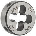 Right-hand round thread die with four cutting slots, marked 7/16 and 20