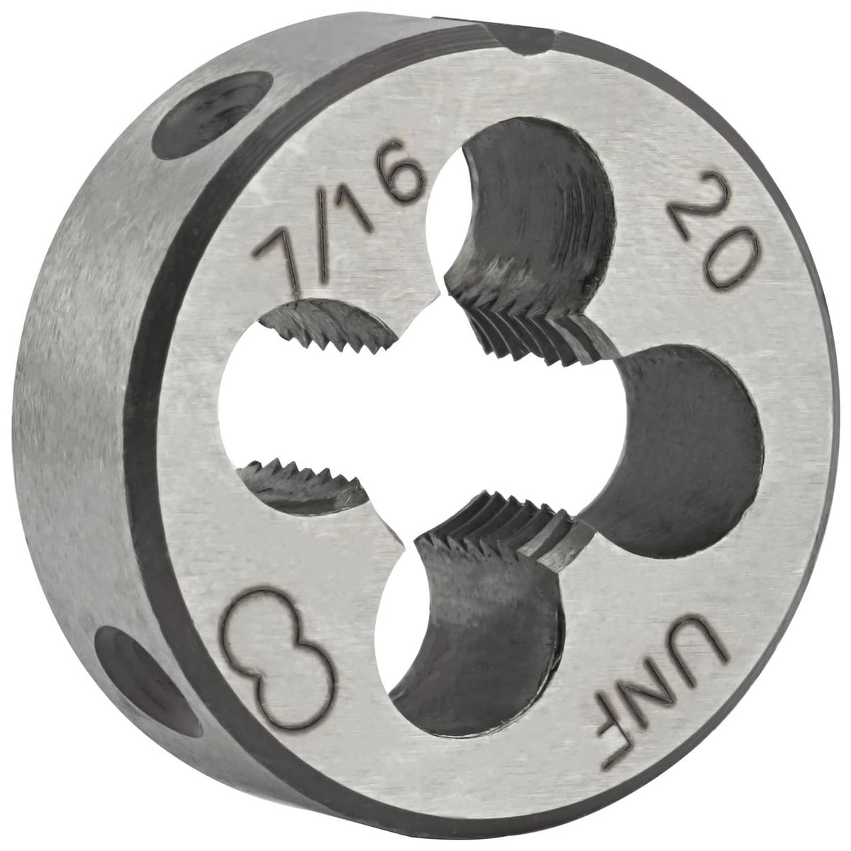 Right-hand round thread die with four cutting slots, marked 7/16 and 20