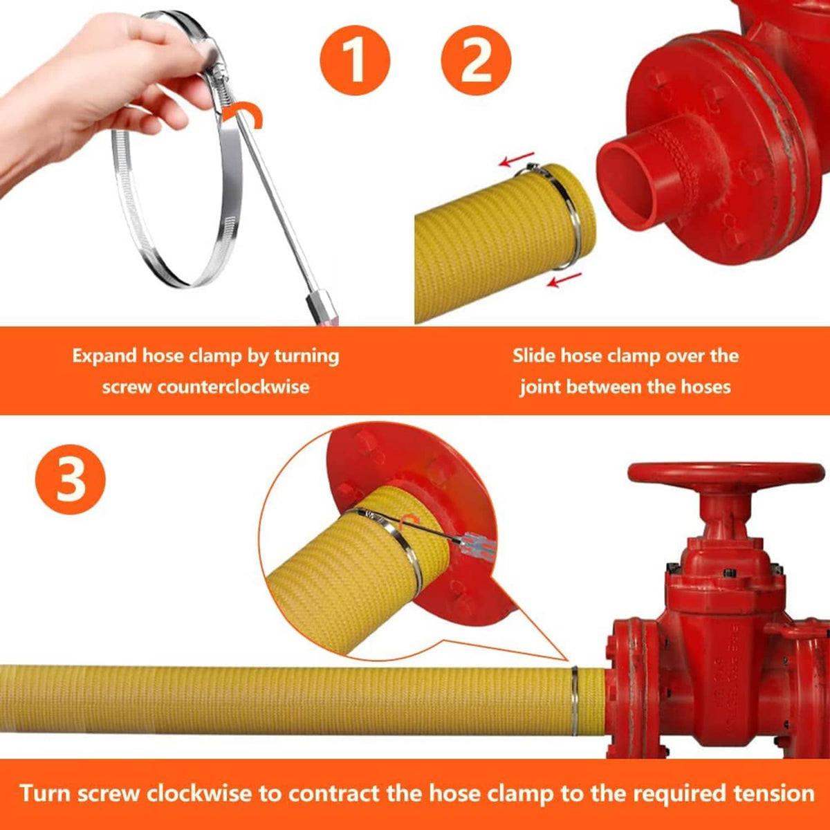 Black hose clamp installation steps: expand, slide over hose, tighten screw