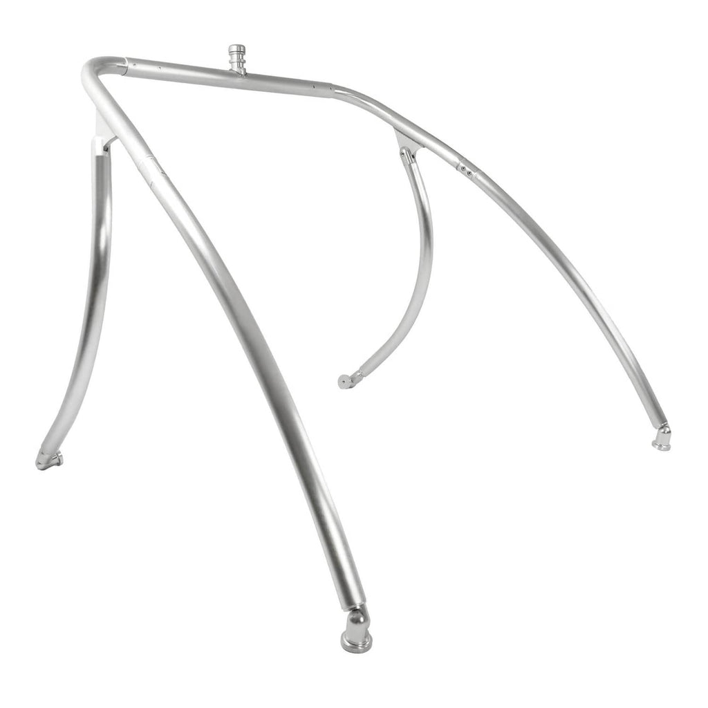 Silver aluminum wakeboard tower support frame with curved arch and four feet