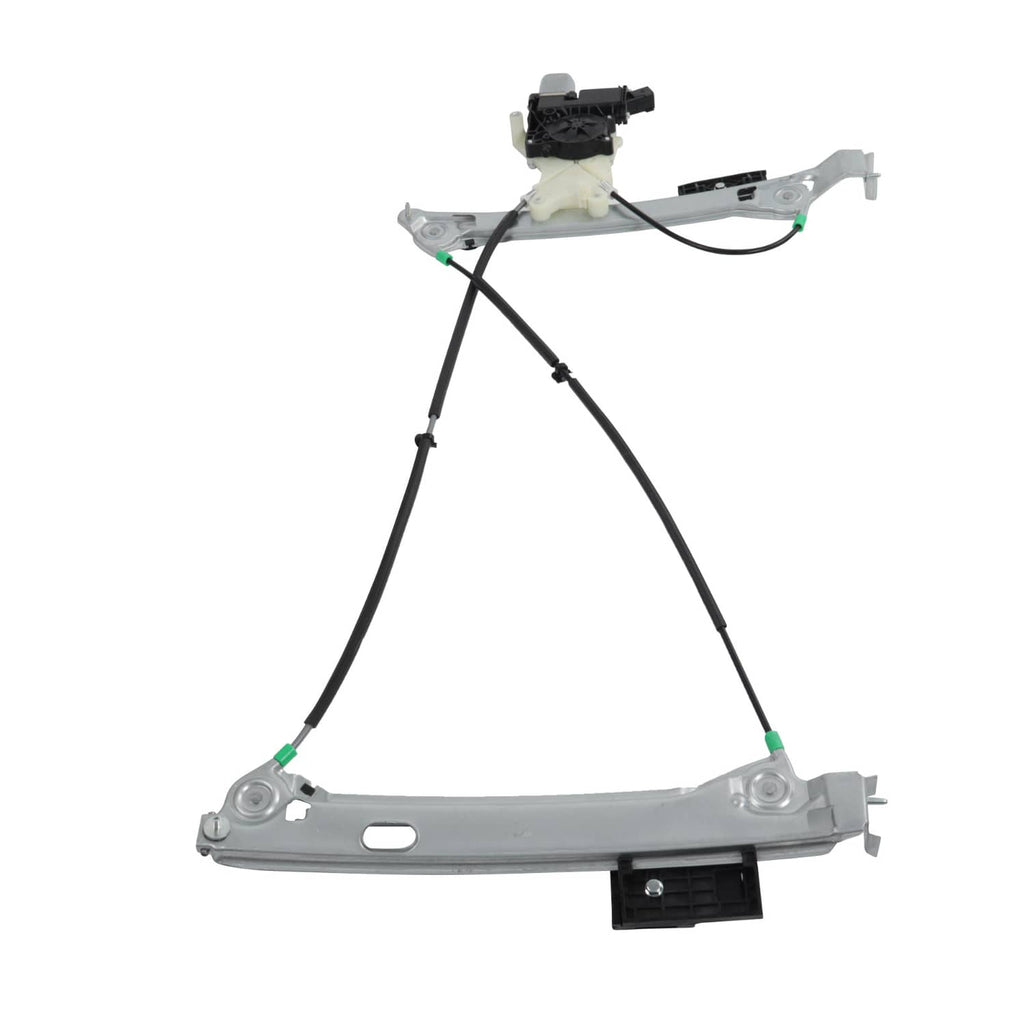 Window regulator assembly with black motor unit, white gear housing, and silver support frame