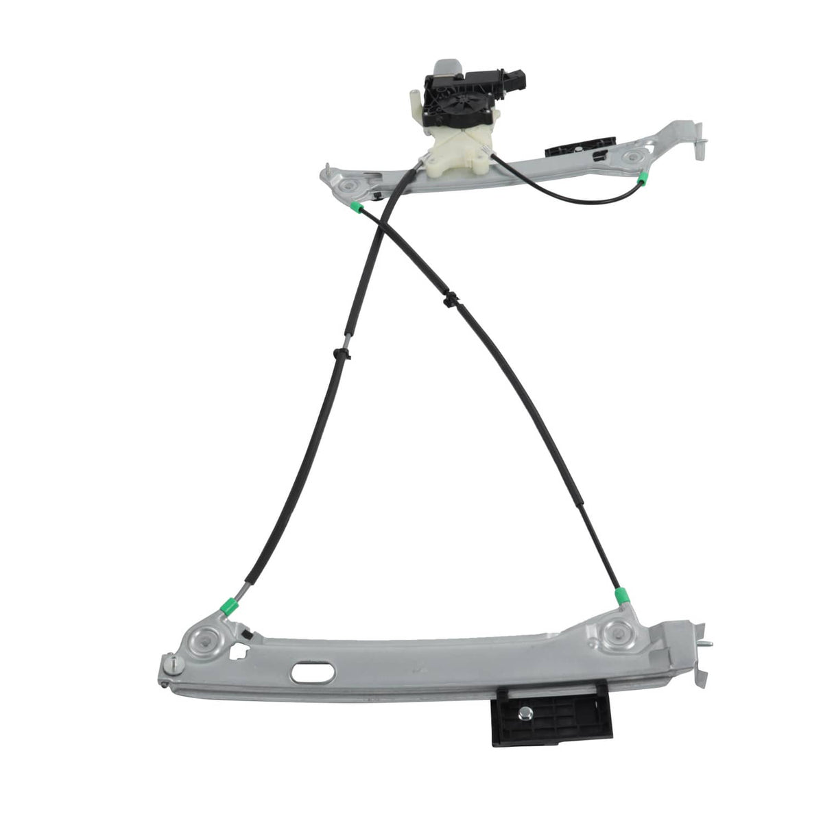 Window regulator assembly with black motor unit, white gear housing, and silver support frame