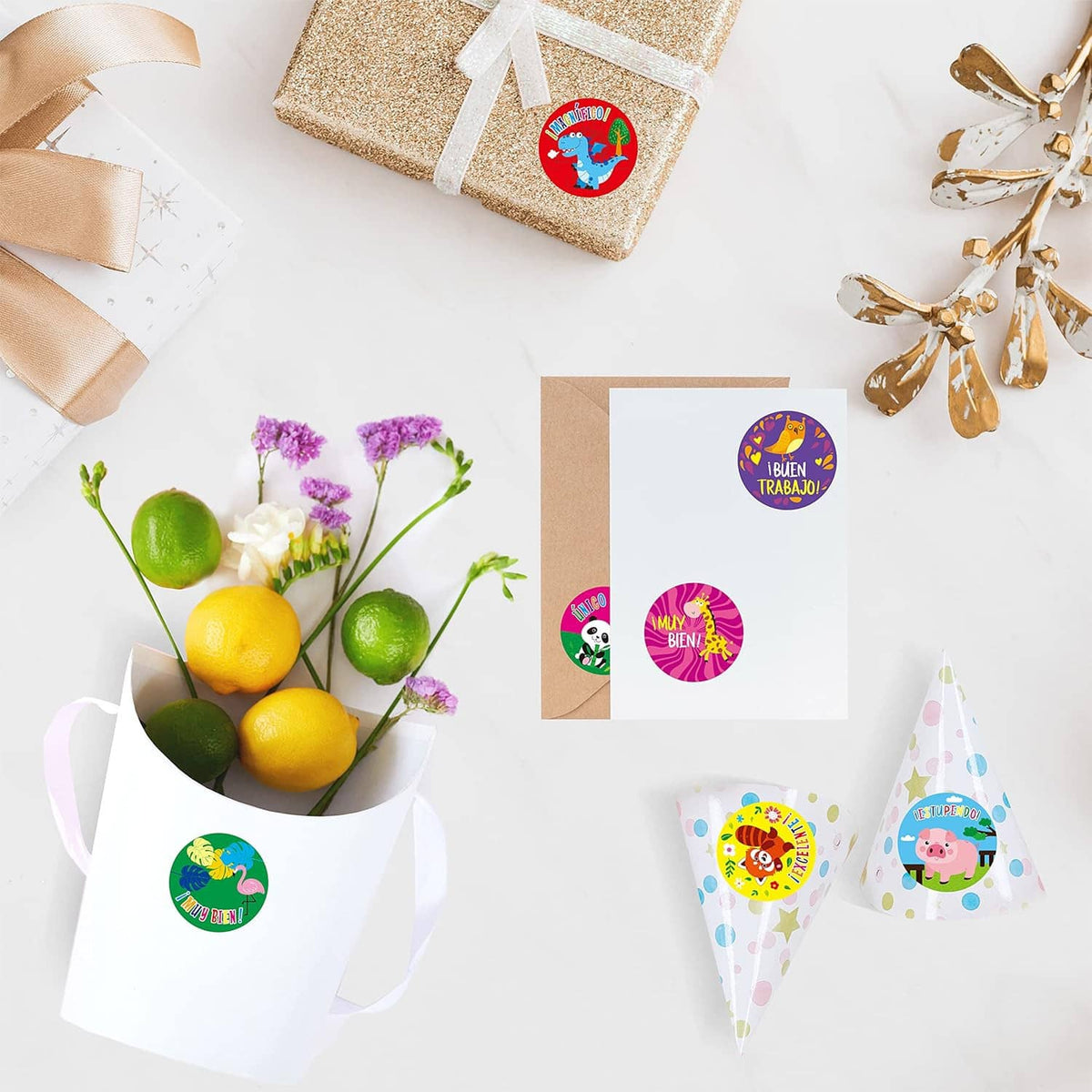 Spanish teacher reward stickers with perforation line labels for gift tags and packages