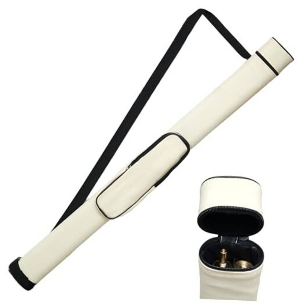 Cream cue hard case with black zippered end, holds 1–2 billiard cues
