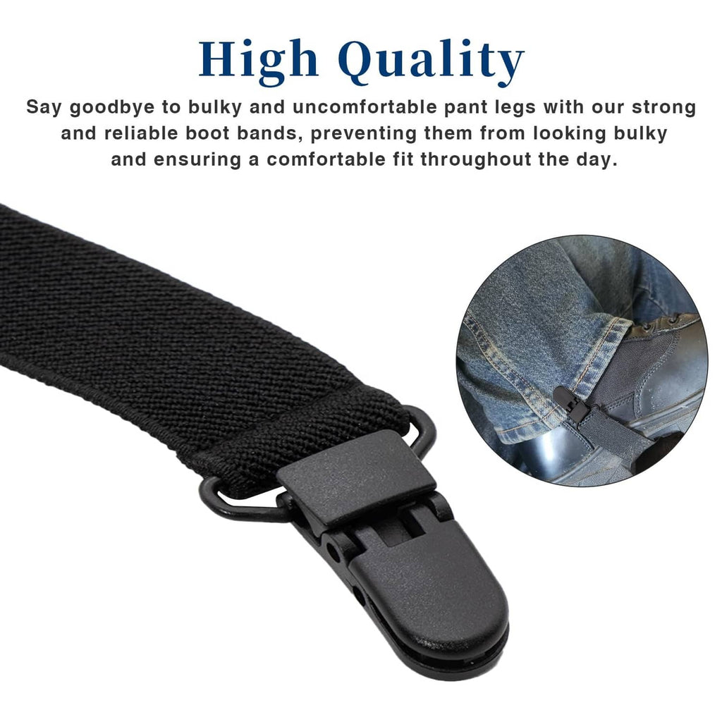 Black elastic boot strap with textured fabric and gray plastic clamp clip