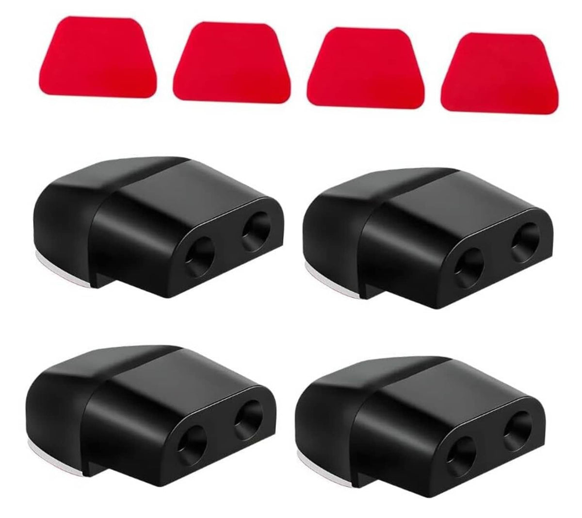 Four black ABS deer warning whistle devices with red accent caps, front view set.