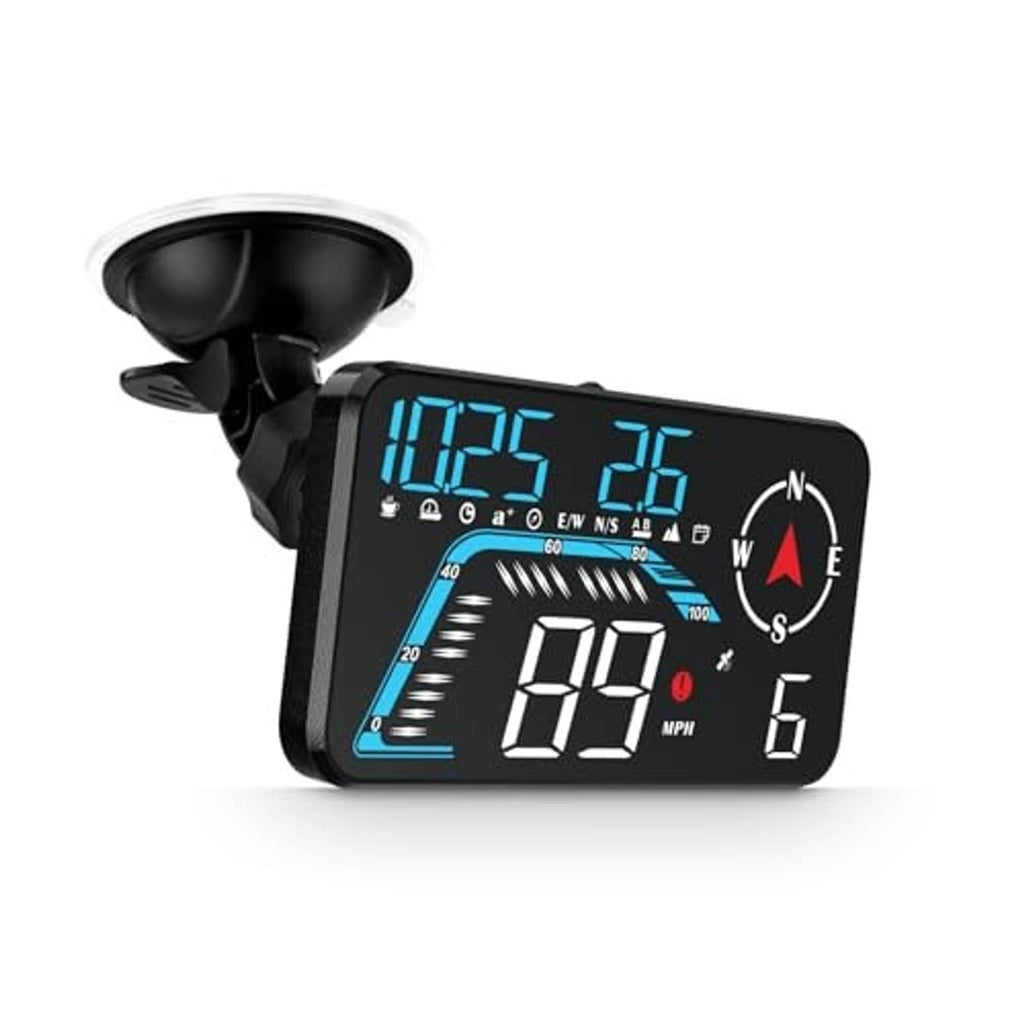 Car HUD with black wide screen, blue speed readout and compass indicator