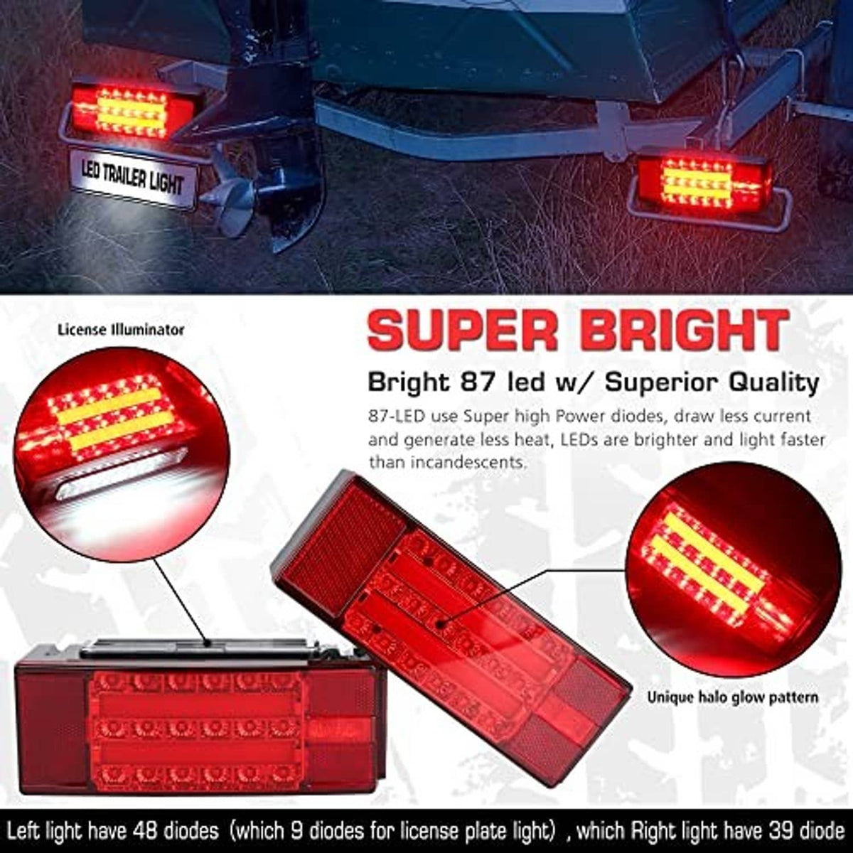 Mounted LED trailer lights glowing red brake and amber turn lights on trailer