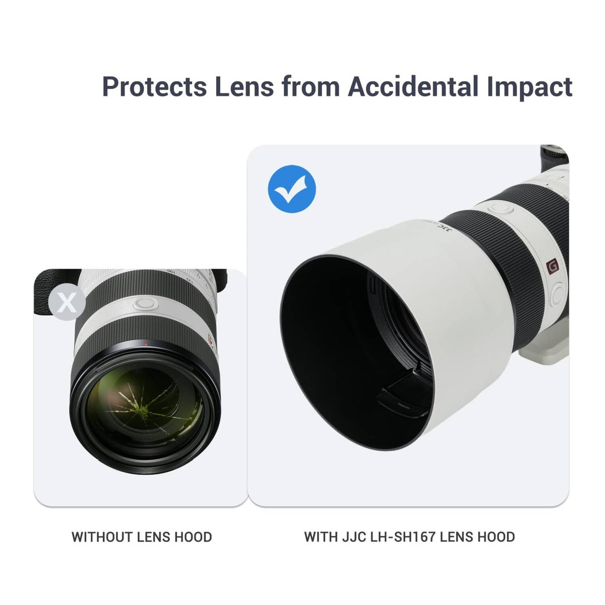 Lens hood on white telephoto lens, black front opening shown