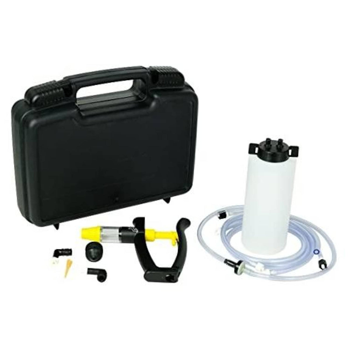 Brake and clutch bleeder kit with hard case, white bottle, and clear hose