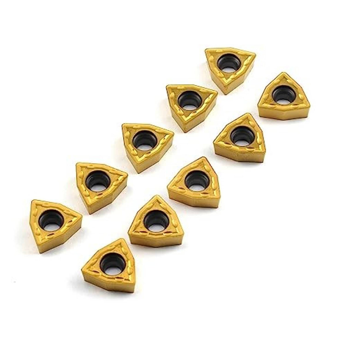 Triangular carbide turning inserts, gold faces with round hole, evenly spaced