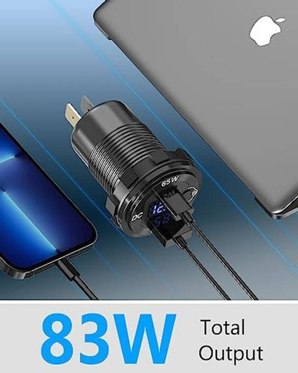 Black USB-C PD charger adapter with 65W DC port and charging plug, illuminated indicator