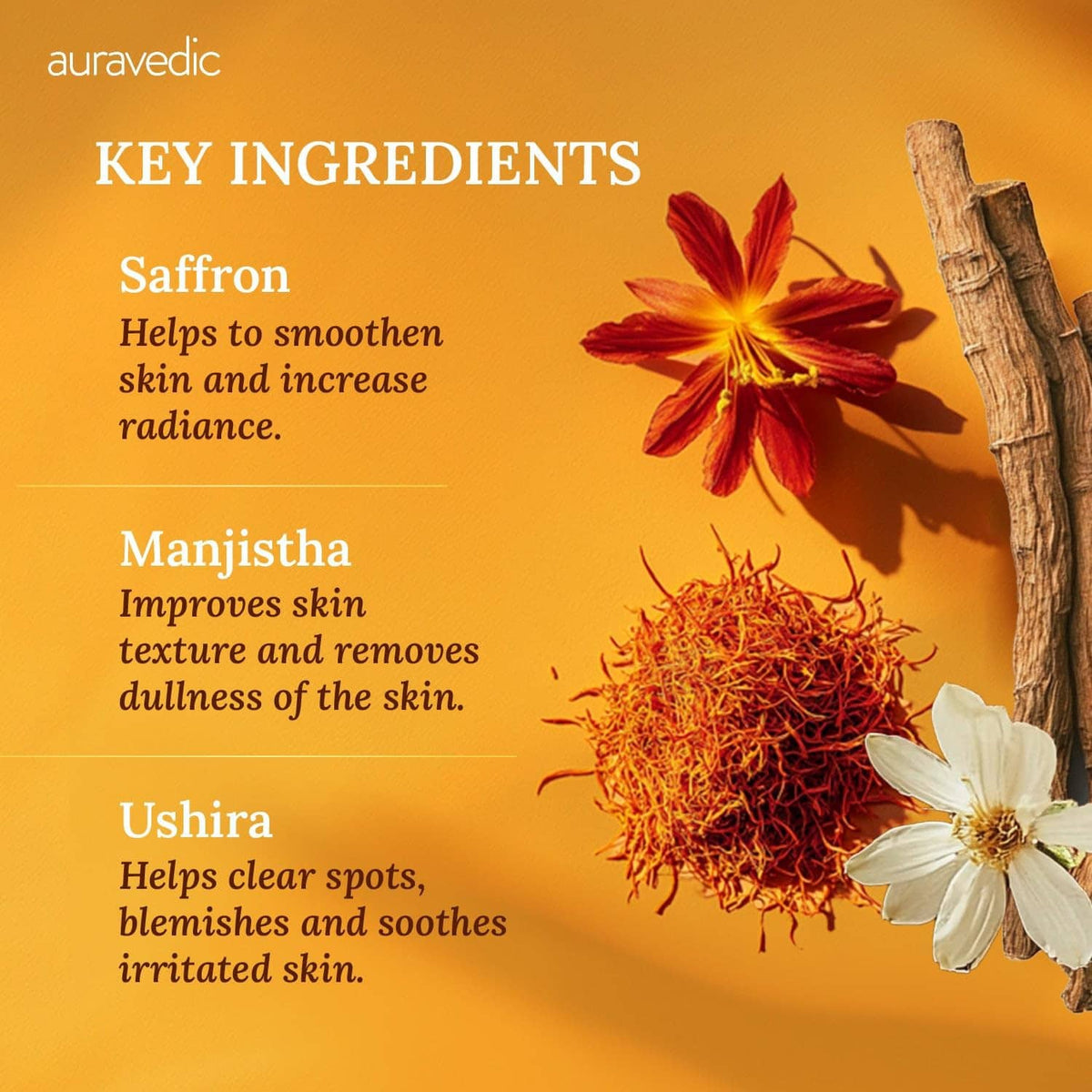 Kumkumadi oil key ingredients display with saffron flowers, herbs, and aurvedic branding.
