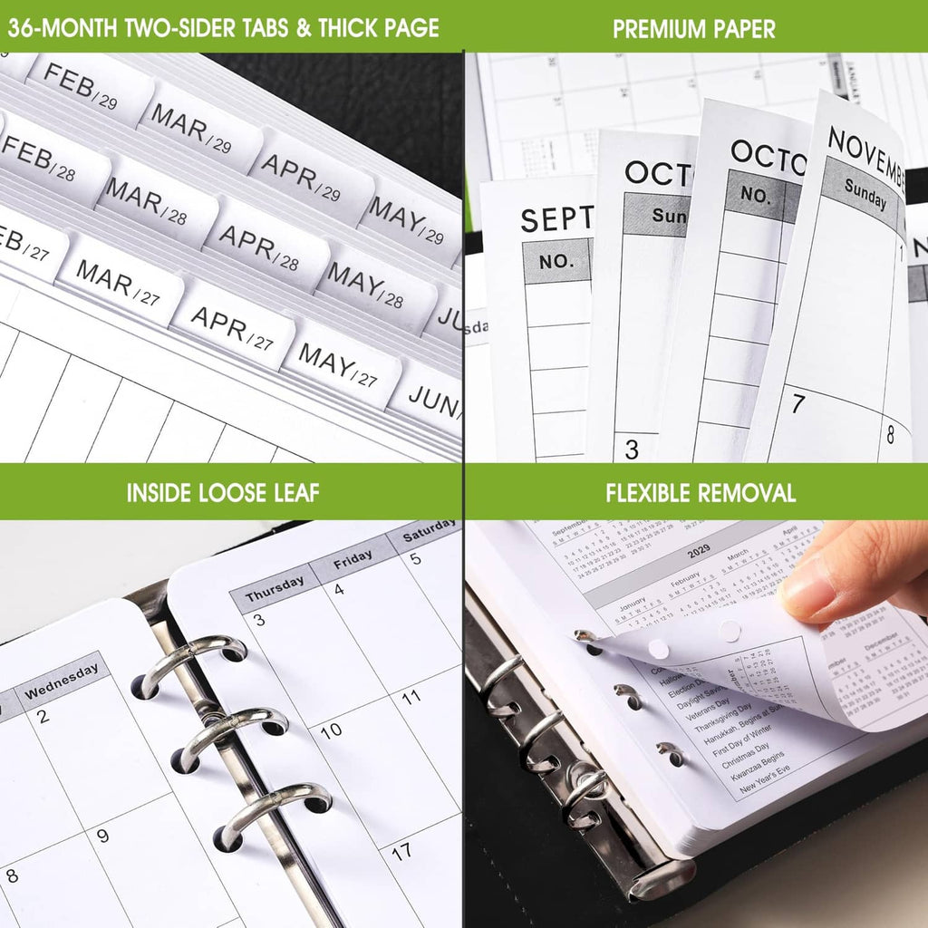 A6 monthly planner refill pages with tabs and premium paper, including flexible removal view