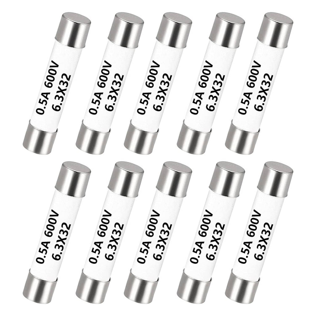 Fast-blow multimeter fuse set of 10, 0.5A 600V, ceramic bodies with metal end caps