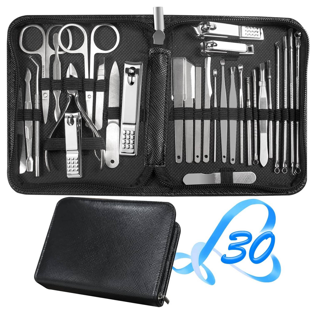 Open black manicure case with organized tools and an attached fold-up pouch
