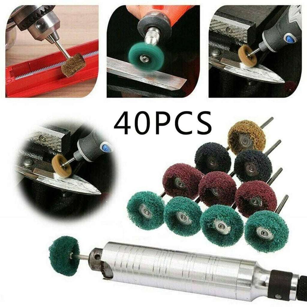 40-piece abrasive buffing wheel set with metal mandrel tool and multicolor heads.