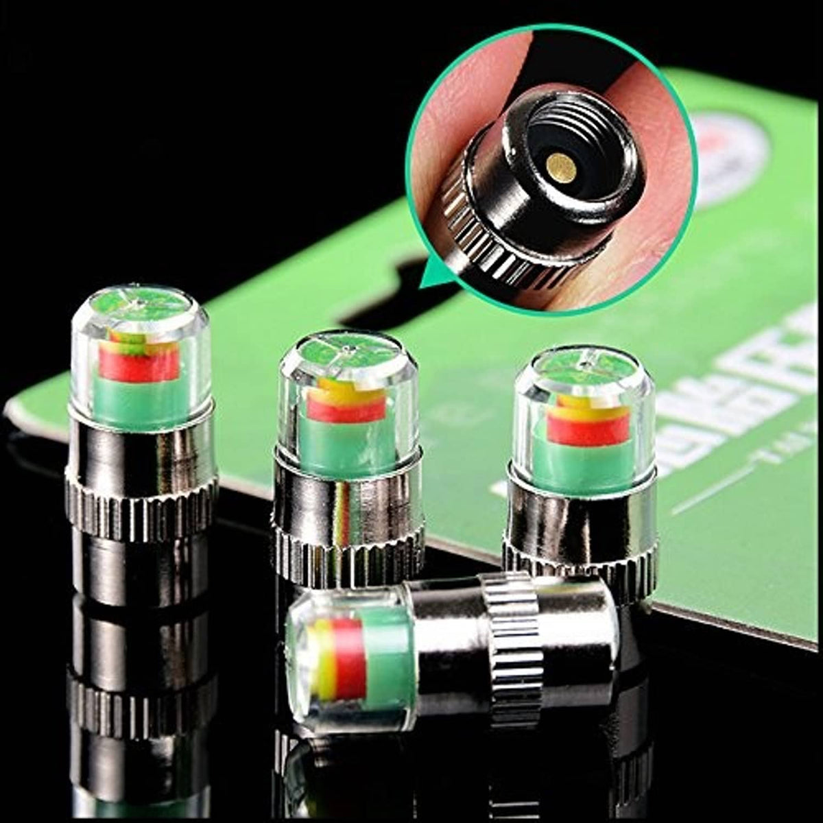 Single tire valve stem cap with silver knurled ring and multicolor indicator core