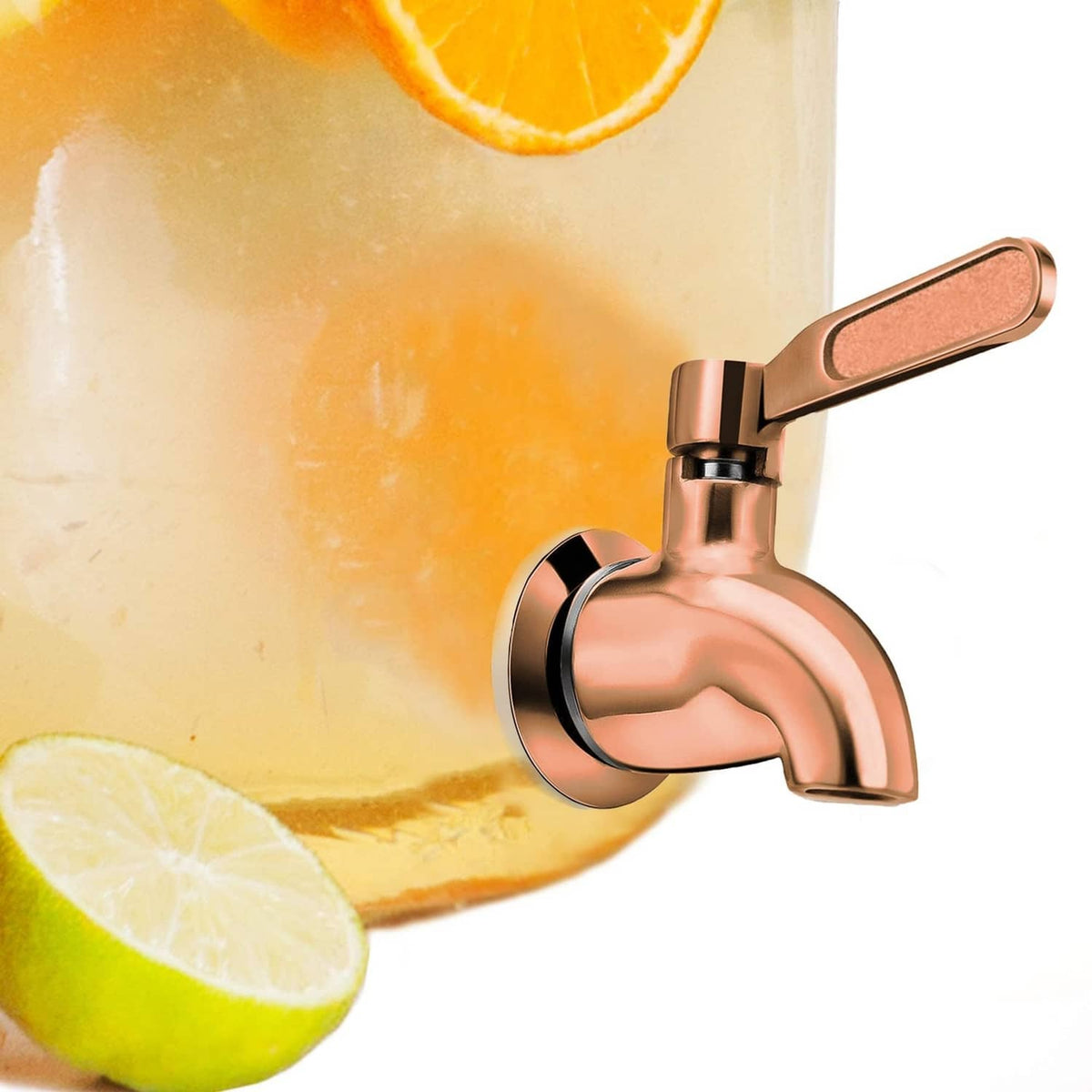 Beverage dispenser spigot faucet with copper lever handle and chrome mounting ring