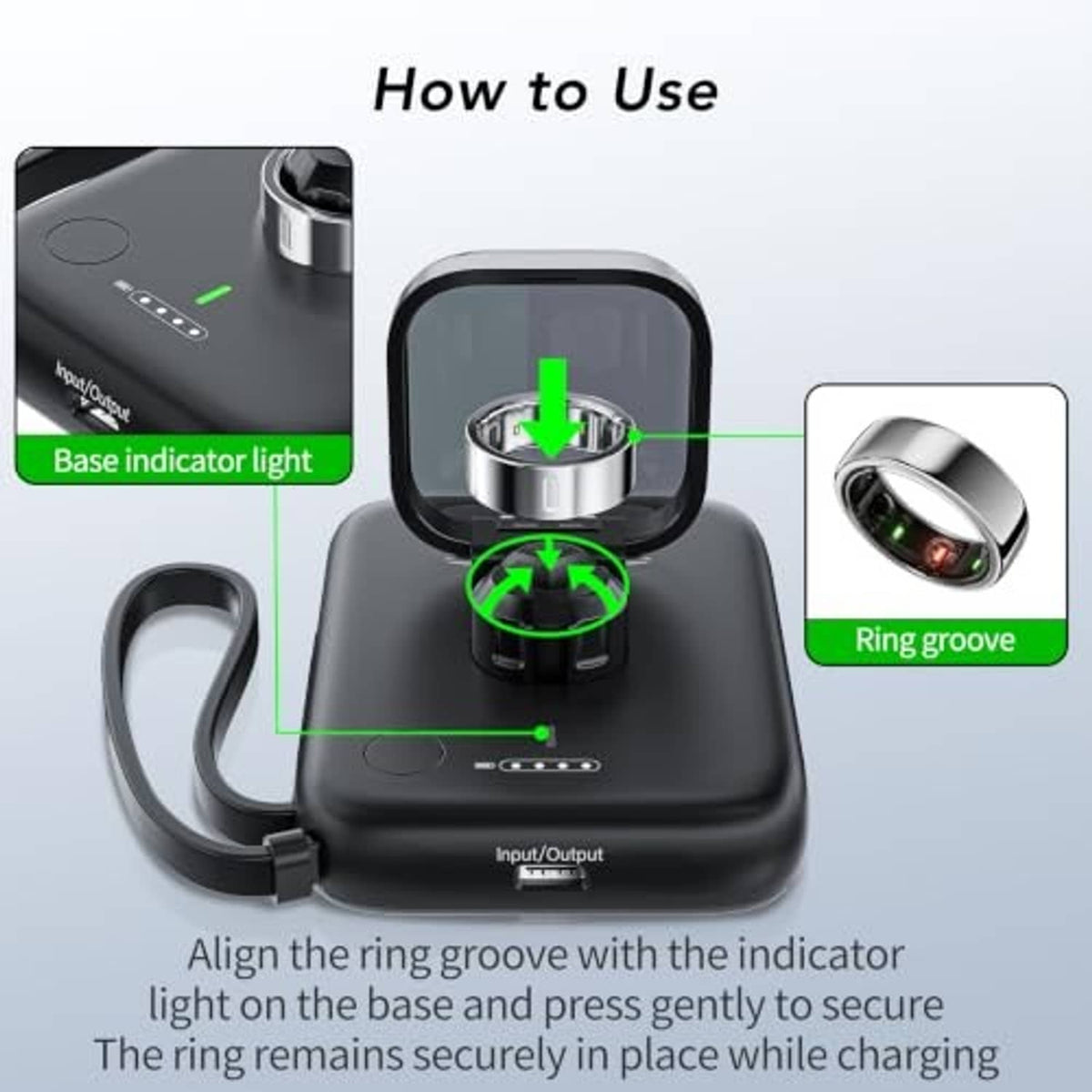 Black ring-charging dock base with indicator light and centered metal charging ring