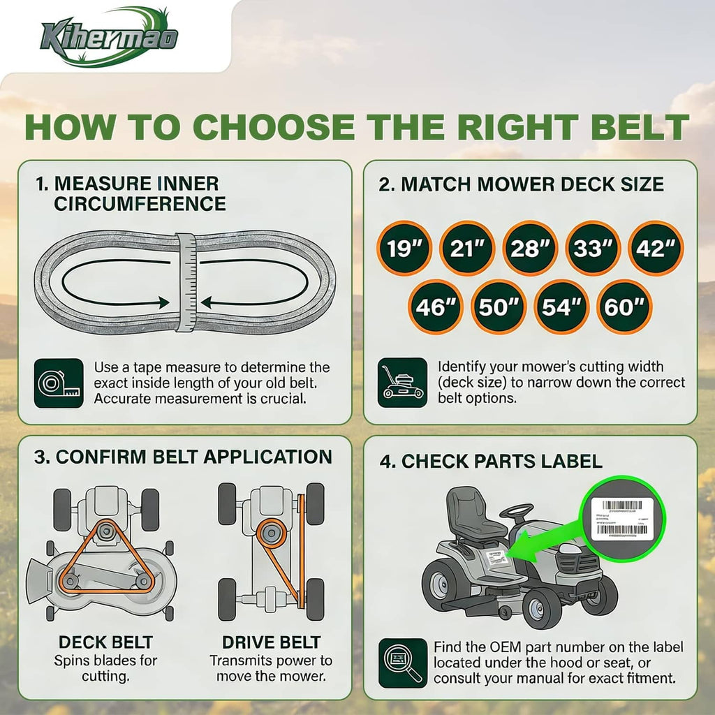How-to deck belt guide infographic with deck size options and parts-label check.