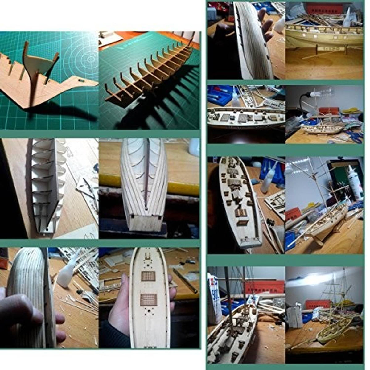 Wooden ship model kit assembly steps showing wooden planks and cut pieces