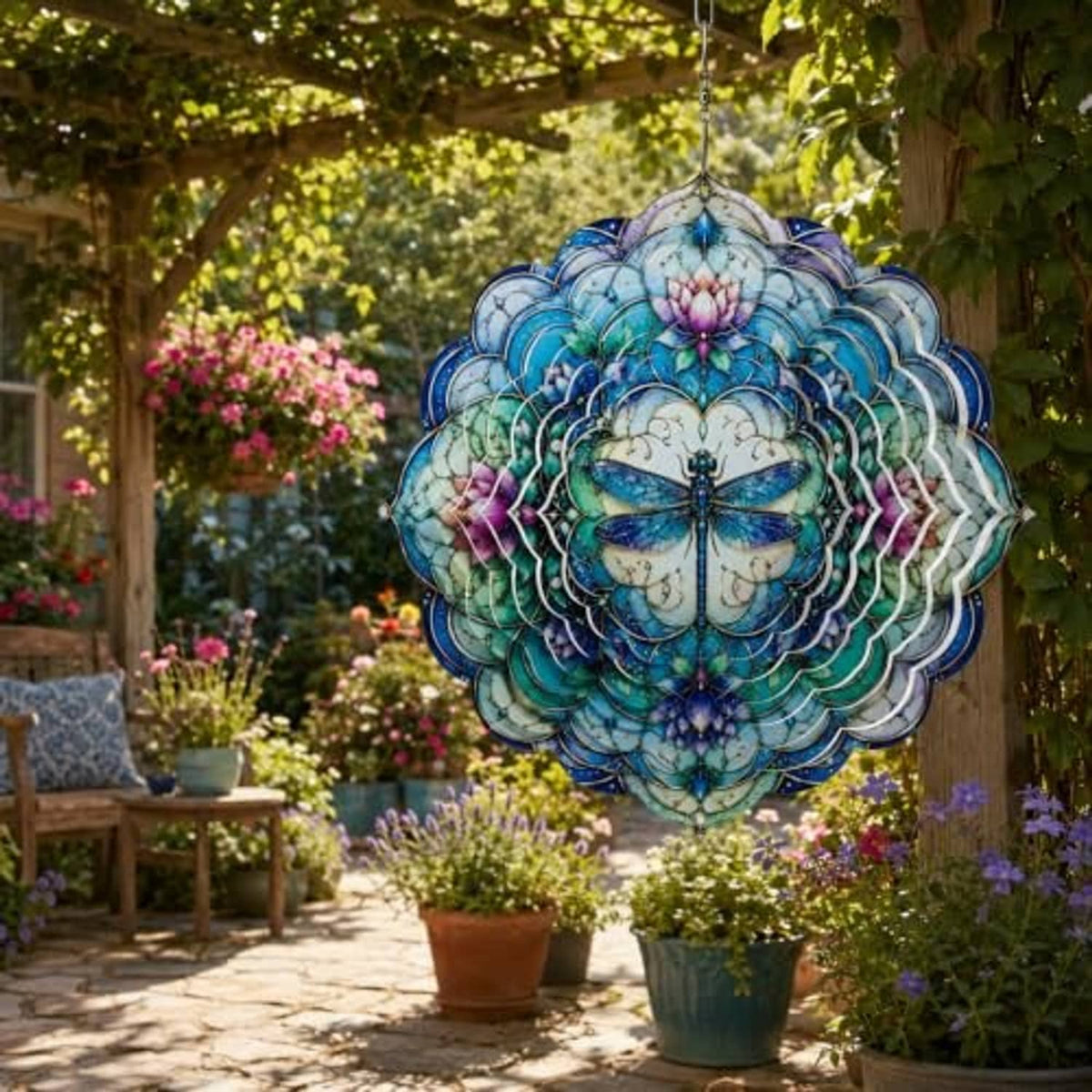 Wind spinner with blue and purple lotus flower petals and dragonfly center hanging
