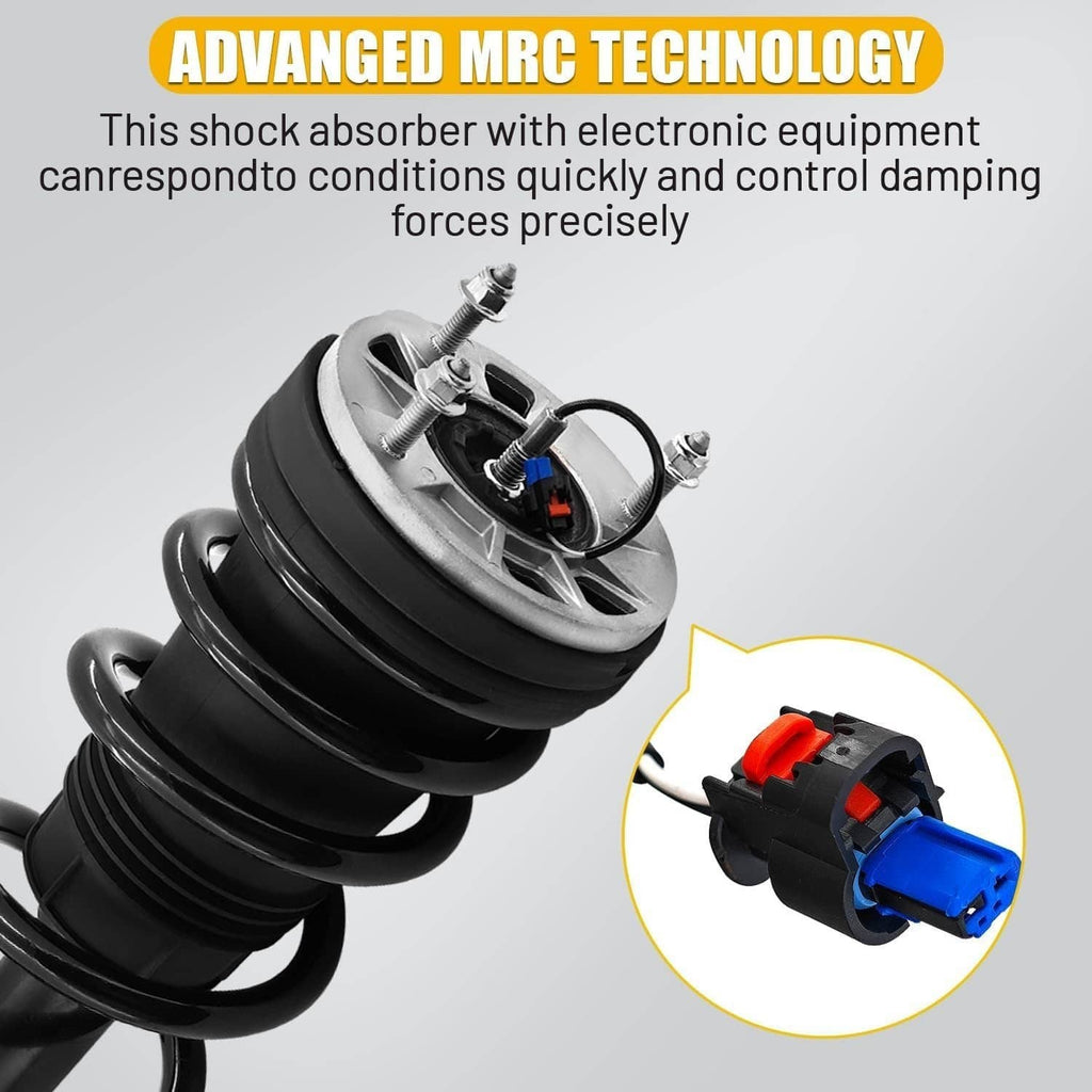 Black shock strut with coil spring and wiring connector, close-up detail