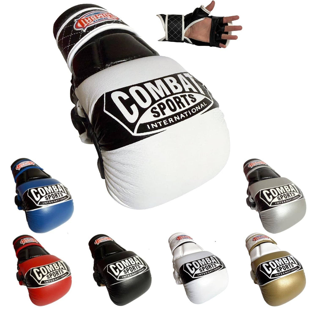 White MMA training boxing gloves with black wrist straps and padded knuckle design.