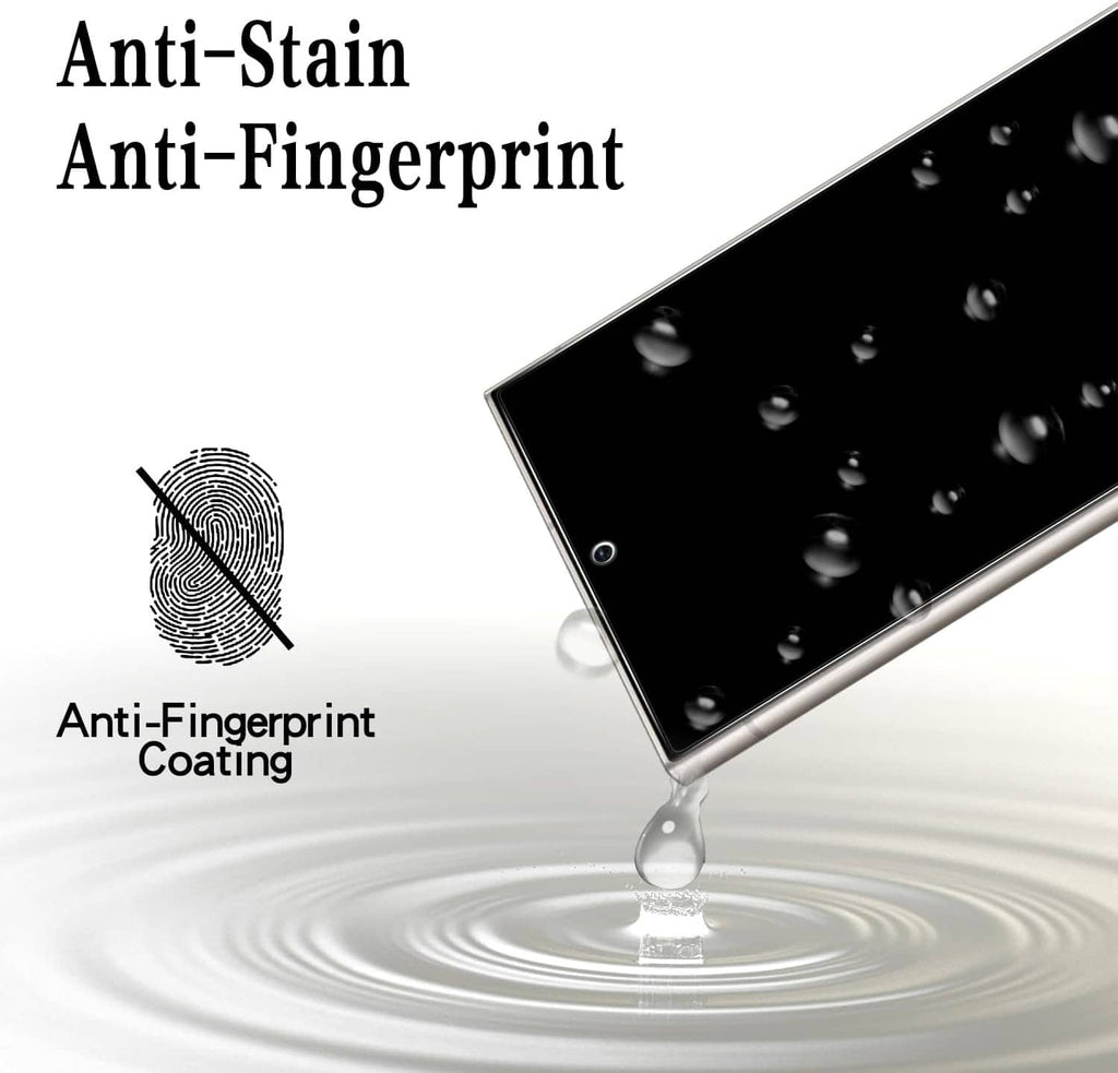 Anti-fingerprint, anti-stain tempered glass screen protector with water droplets