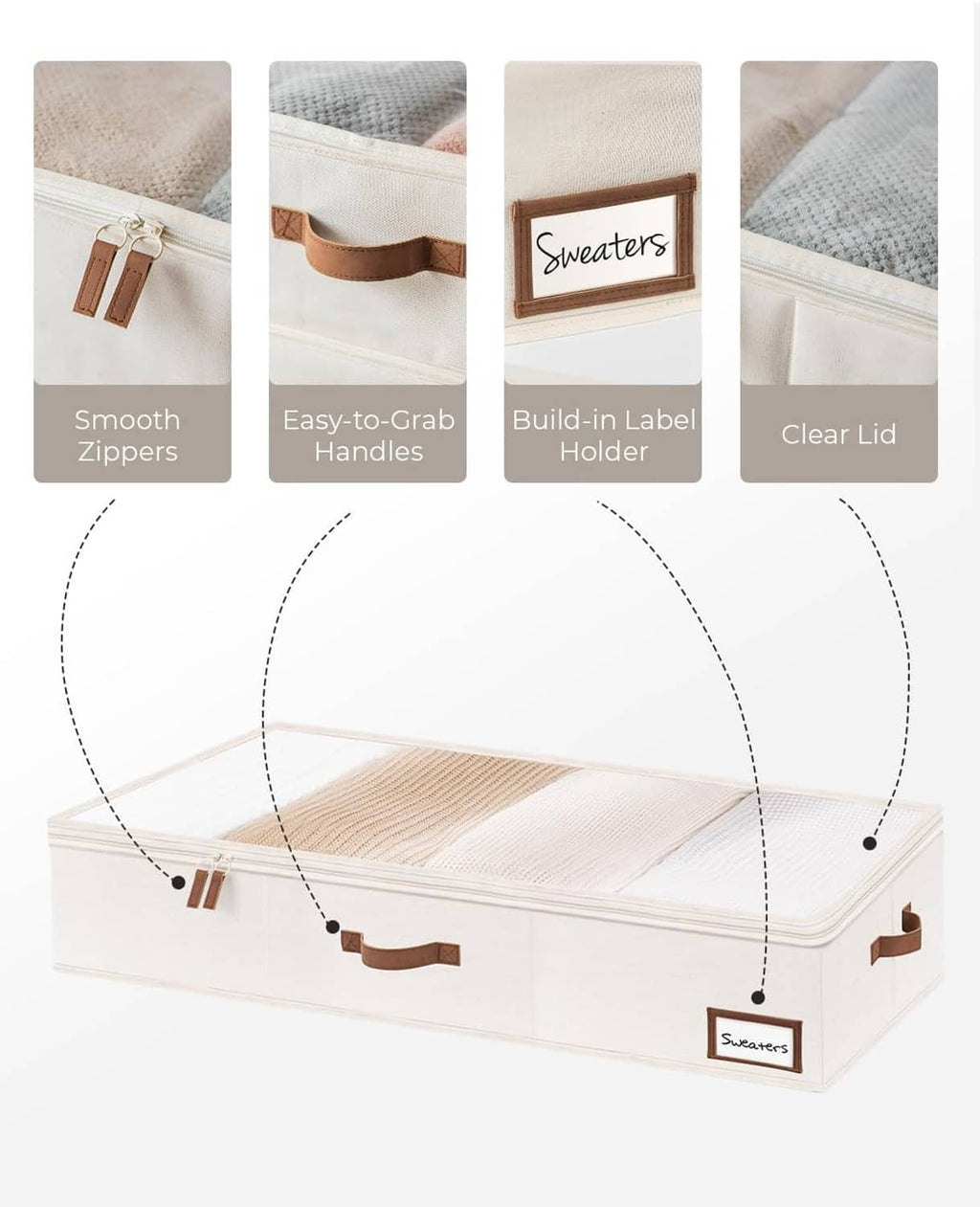Foldable storage bins with brown handles, zipper closure, and built-in label holder