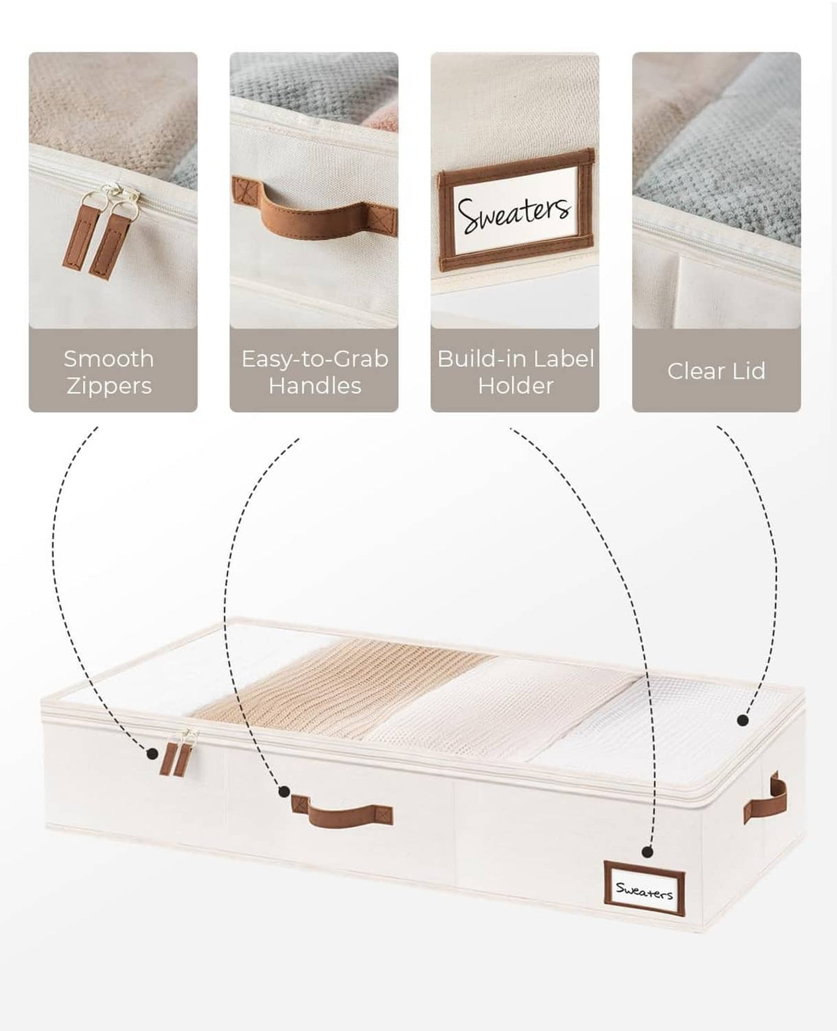 Foldable storage bins with brown handles, zipper closure, and built-in label holder