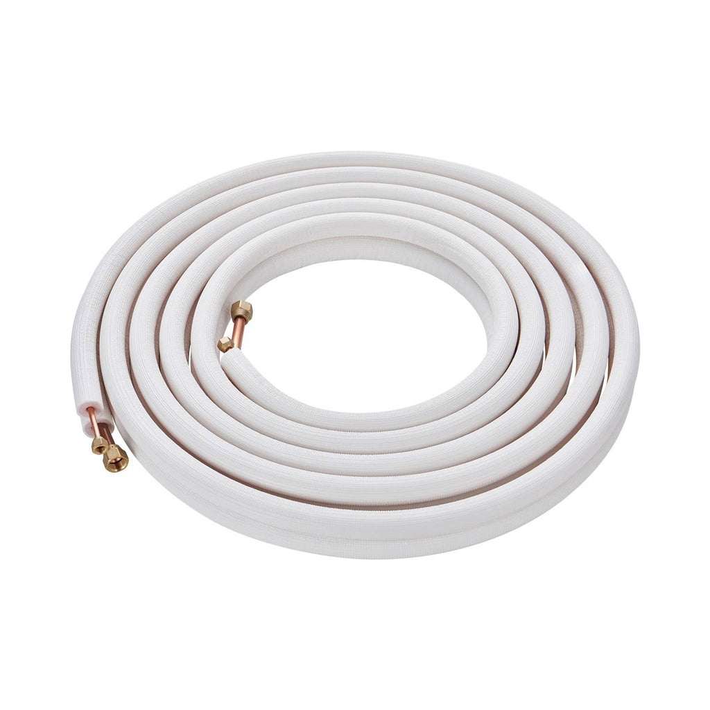 Coiled insulated mini split line set with copper-tipped tubing ends